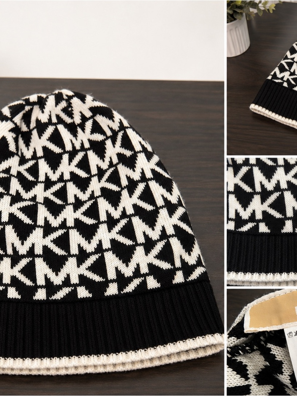 MICHAEL Michael Kors Black & White Logo Knit Beanie